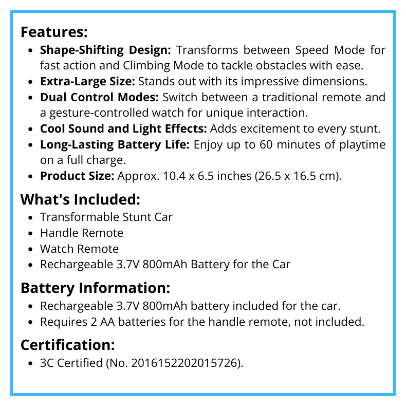 2.4G Transformable Stunt Car with Watch Controller | Extra Large | Hand-Controlled