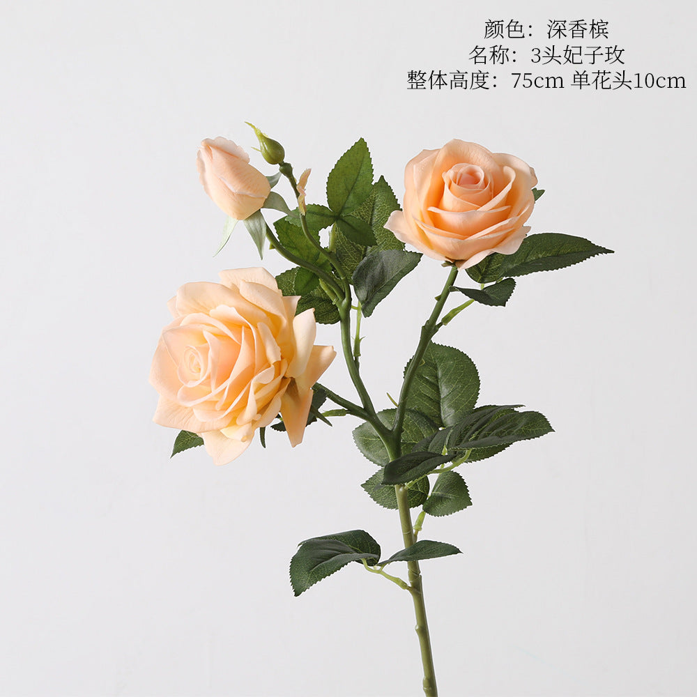 Concubine Rose, 3 heads, real texture artificial flower, 22090101